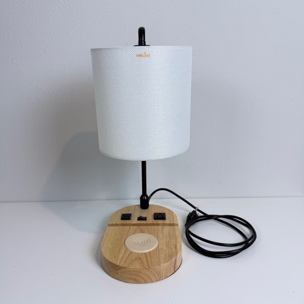 Shelive Natural Wood Lamp with Wireless & Charging Ports